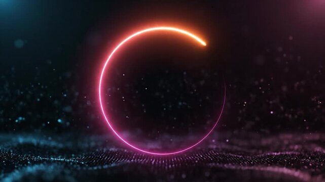 A glowing neon circle pulsates with light against a dark, abstract background of shimmering particles and waves