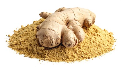 A whole, light brown rhizome sits atop a pile of finely ground powder. Both rest against a pristine white backdrop © Widia
