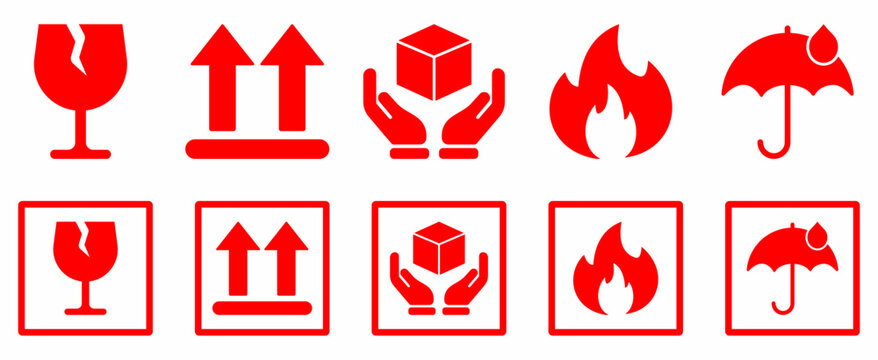 fragile flammable keep dry this side up symbols set with glass fire umbrella arrows box signs for packaging shipping labels handling instruction icons clean bold style