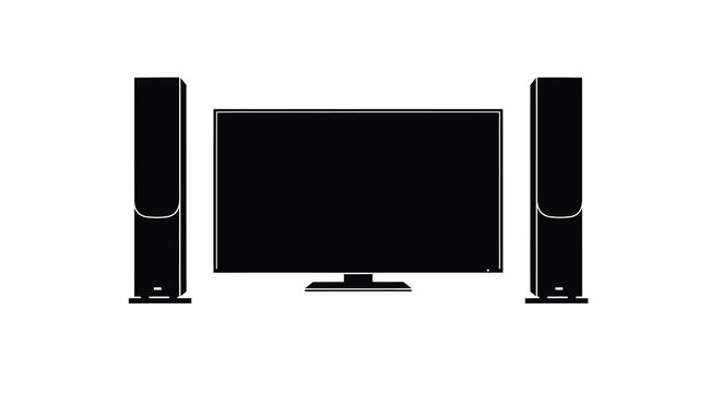 A minimalist black and white illustration depicts a flat screen television with two speakers high quality