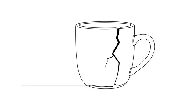 Cracked Ceramic Mug. Minimalistic one-line drawing ceramic mug with visible crack along side, continuous single black line on white background, simple outline
