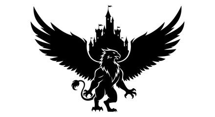 Obraz premium Mythical Griffin with Castle Silhouette.