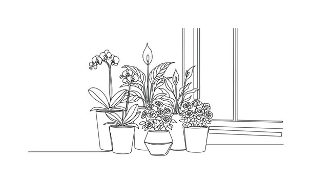 Indoor Bloom Arrangement. Minimalistic one-line drawing potted flowering plants on window or table for home decor, continuous single black line on white