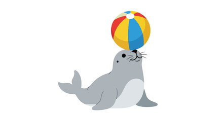 Obraz premium A cute cartoon seal balancing a colorful beach ball on its nose in white space