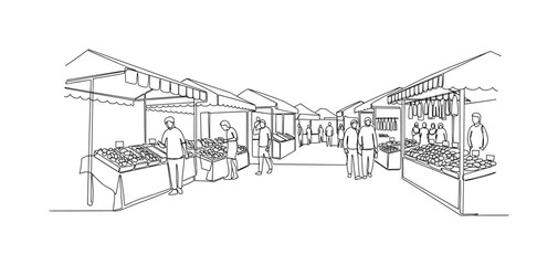 Fototapeta premium Open-Air Retail. Minimalistic one-line drawing market stalls with goods and people walking by, continuous single black line on white background, simple outline