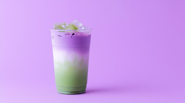 Iced ube matcha latte in a plastic to-go cup. Layered purple and green cold brew tea with ice on a solid color surface