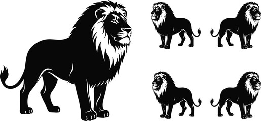 Majestic lion silhouette collection featuring powerful male lions with thick manes in standing poses isolated on white background for creative wildlife design projects. © MdHasmot