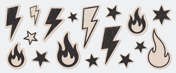 Scrapbook crayon lightning, fire, and star doodles with scribbly texture elements, pastel punk rock style, and torn craft paper vector illustration, designed with playful layered composition suitable  © wellcomejun