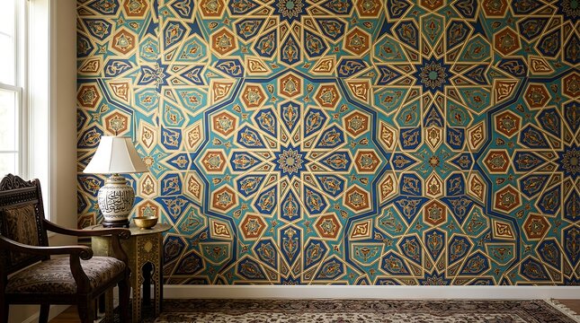Intricate geometric pattern wall decor in a room interior design