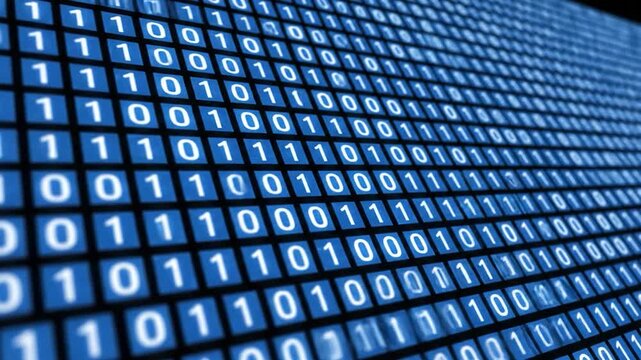 A digital stream of binary code composed of ones and zeros flows across a dark background, representing data