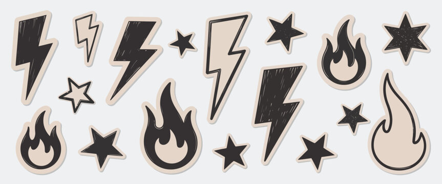 Scrapbook crayon lightning, fire, and star doodles with scribbly texture elements, pastel punk rock style, and torn craft paper vector illustration, designed with playful layered composition suitable 