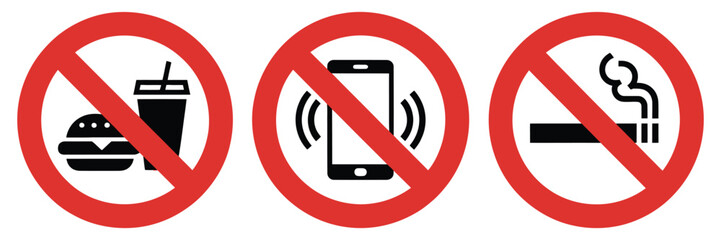 No eating and drinks allowed, No cell phone zone, No smoking symbols, stop, ban, or prohibited