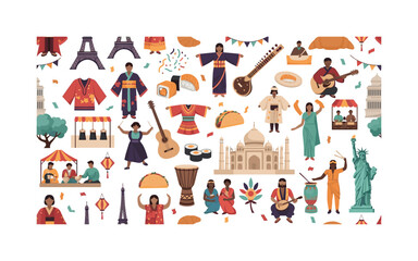 Fototapeta premium cultural icons seamless pattern, repeating pattern, surface design, textile print, modern illustration of ethnic attire, musical instruments, traditional food,