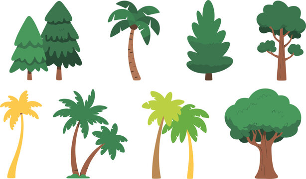Collection of cartoon style trees including pine palm and leafy varieties perfect for nature themed design illustration and creative projects