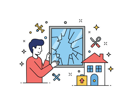 Broken window screen DIY maintenance concept where a person examines a torn screen while tiny sparkle and star icons highlight caution, repair, and home