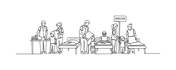 Obraz premium Evacuee Assistance. Minimalistic one-line drawing volunteers helping people at emergency shelter, continuous single black line on white background, simple