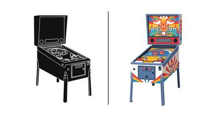 Side by side comparison of a pinball machine and its colorful counterpart silhouette © njhasan