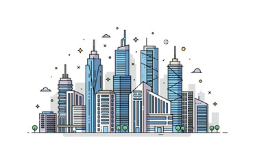 Fototapeta premium Modern architecture skyscraper skyline scene where multiple tall buildings feature sleek geometric designs while small sparkle and line icons emphasize urban
