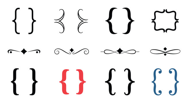 Ornate vintage brackets and flourishes in black, red, and blue, intricate vector sketches, hand drawn doodle style for decorative borders