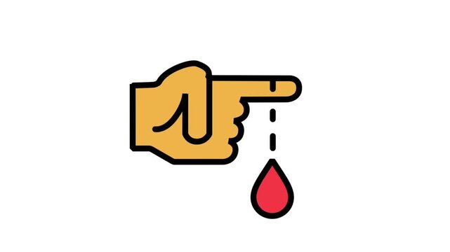 Finger Blood Test Animated Icon. Animated icon of a finger with a blood drop representing glucose testing and diabetes monitoring.