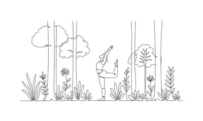 Obraz premium Forest Stretch. Minimalistic one-line drawing individual in extended yoga posture among trees and plants, continuous single black line on white background,