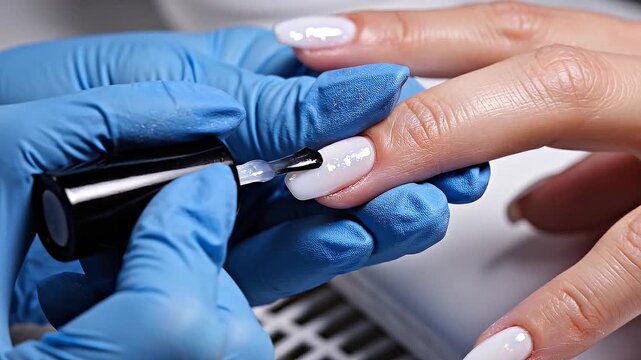 Professional manicurist in blue gloves applies clear top coat polish to a female client's elegant shimmering white manicured fingernails