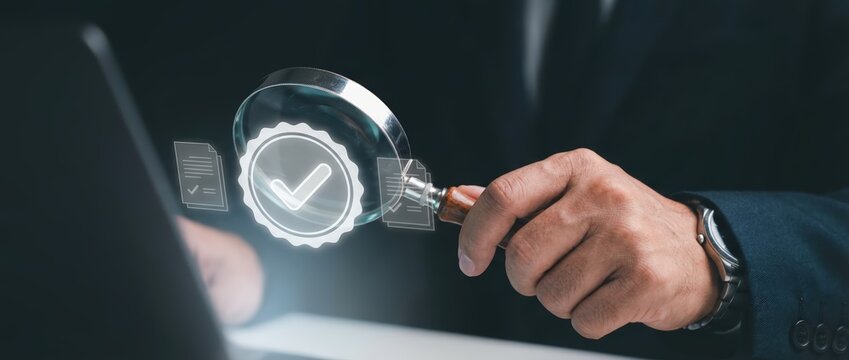 Business verification process in action office environment digital content close-up viewpoint ensuring compliance and accuracy