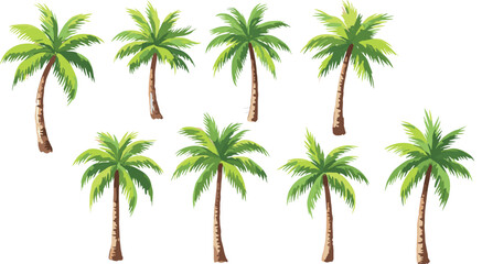 Obraz premium Set of tropical palm trees with green fronds and brown trunks isolated on white background for summer vacation travel and island landscape design.