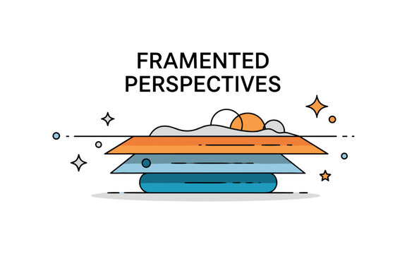 Fragmented perspectives layered horizon abstract scene where multiple overlapping planes and perspectives merge while small sparkle and star icons emphasize