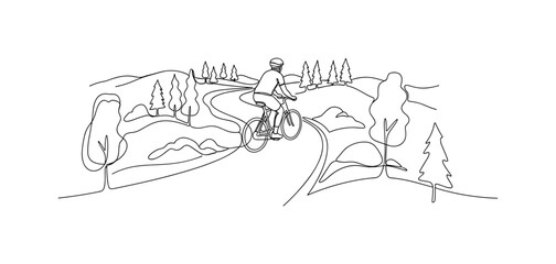 Obraz premium Trail Biking. Minimalistic one-line drawing person cycling along forest path with small hills, continuous single black line on white background, simple outline