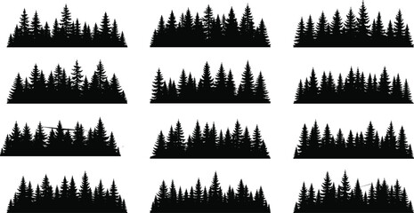 Obraz premium Black pine forest silhouette vector set with coniferous tree horizons for winter landscape design, outdoor adventure graphics, evergreen woodland borders, and nature-themed decorative illustrations.