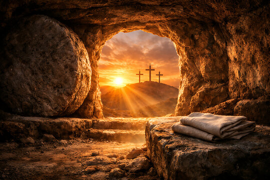 The empty tomb of jesus christ at sunrise with folded linen cloth looking out at three crosses representing the holy sacrifice of good friday morning