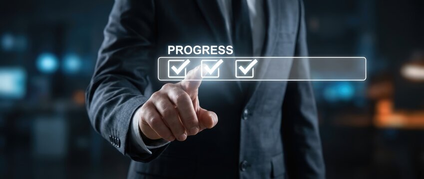 Progress tracking in business settings professional man interacting with digital interface in a modern office environment