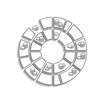 financial allocation circular grids abstract blocks and thin coin icons detailed monochrome diagram showing budget or resource division among departments with