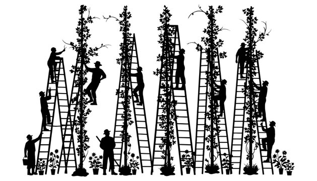 A black silhouette illustration of people climbing ladders to tend plants