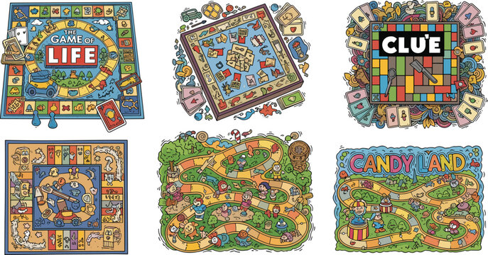 Classic Board Game Set with Life, Clue, Candy Land, and Monopoly in Colorful Hand-Drawn Style