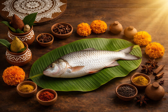 Traditional fried hilsha fish with steamed rice and spices served on banana leaf during pohela boishakh, bengali new year and hindu festivals for lunch party