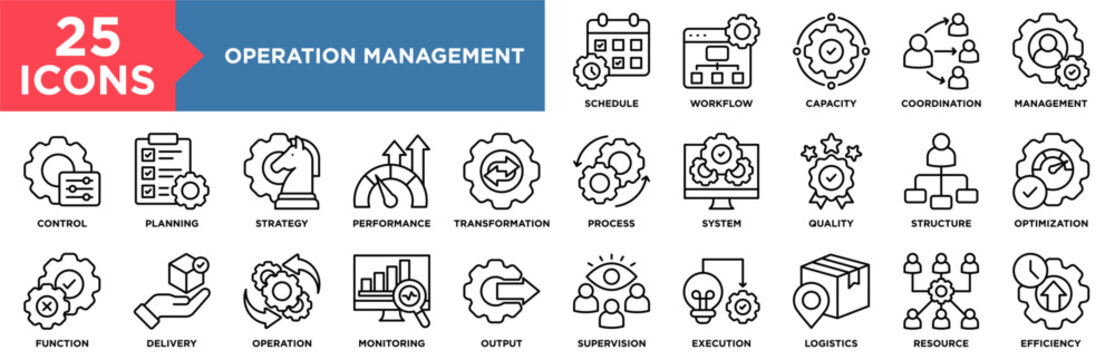 Operation Management Icon Set Collection. Icon Pack Contain Process, Planning, Control, Strategy, Workflow, Efficiency, Schedule, Coordination, Monitoring, Execution