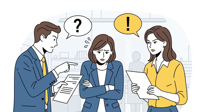 Business people arguing and confused colleague in office setting.