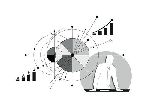 strategic growth geometric circles intersecting lines and abstract staircase icons detailed monochrome business owner planning long-term growth strategy with