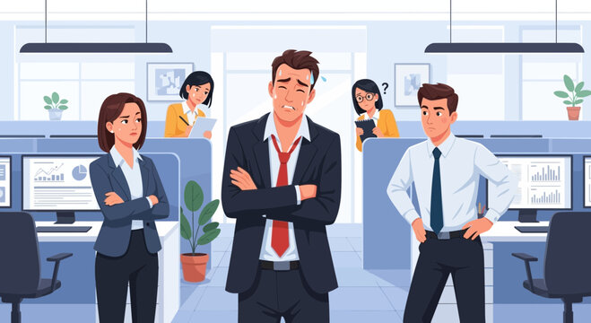 Frustrated businessman with arms crossed in office setting.