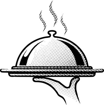 Hand holding a covered dish with steam rising in a vintage comic book style food
