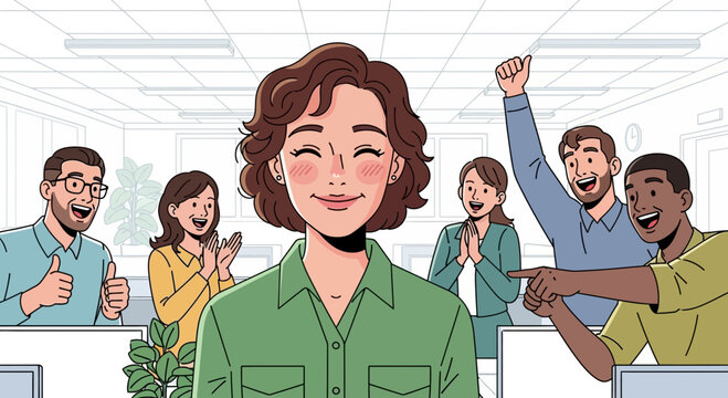 Happy woman in green shirt surrounded by cheering colleagues.