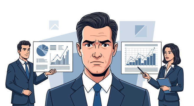 Man in Suit Looking Concerned with Business Charts Behind Him.