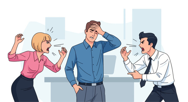 Man stressed between arguing colleagues in office setting.