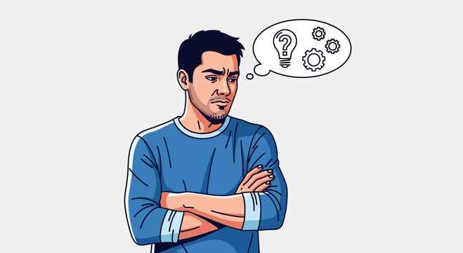 Man thinking with gears and question marks in thought bubble.