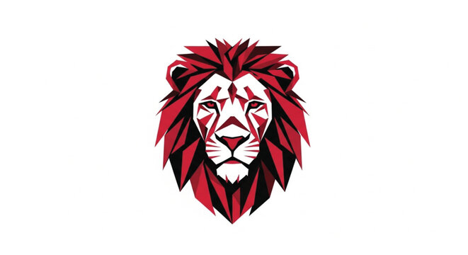 This striking vector illustration features a front-facing lion's head rendered in a bold, geometric style. Using a vibrant palette of red, black, and white, the sharp facets create a powerful and mode