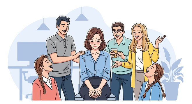 Sad Woman Surrounded by Mocking Colleagues at Work.