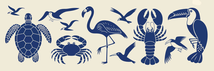 Naklejka premium Tropical marine animal silhouette set showcasing crab, turtle, flamingo, toucan, lobster, starfish, and birds in strong blue silhouettes, presented in a minimal vector style 