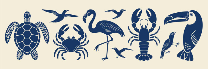 Naklejka premium Tropical marine animal silhouette set in bold blue, including crab, turtle, flamingo, toucan, lobster, starfish, and birds, designed in a clean vector style ideal for beach themes